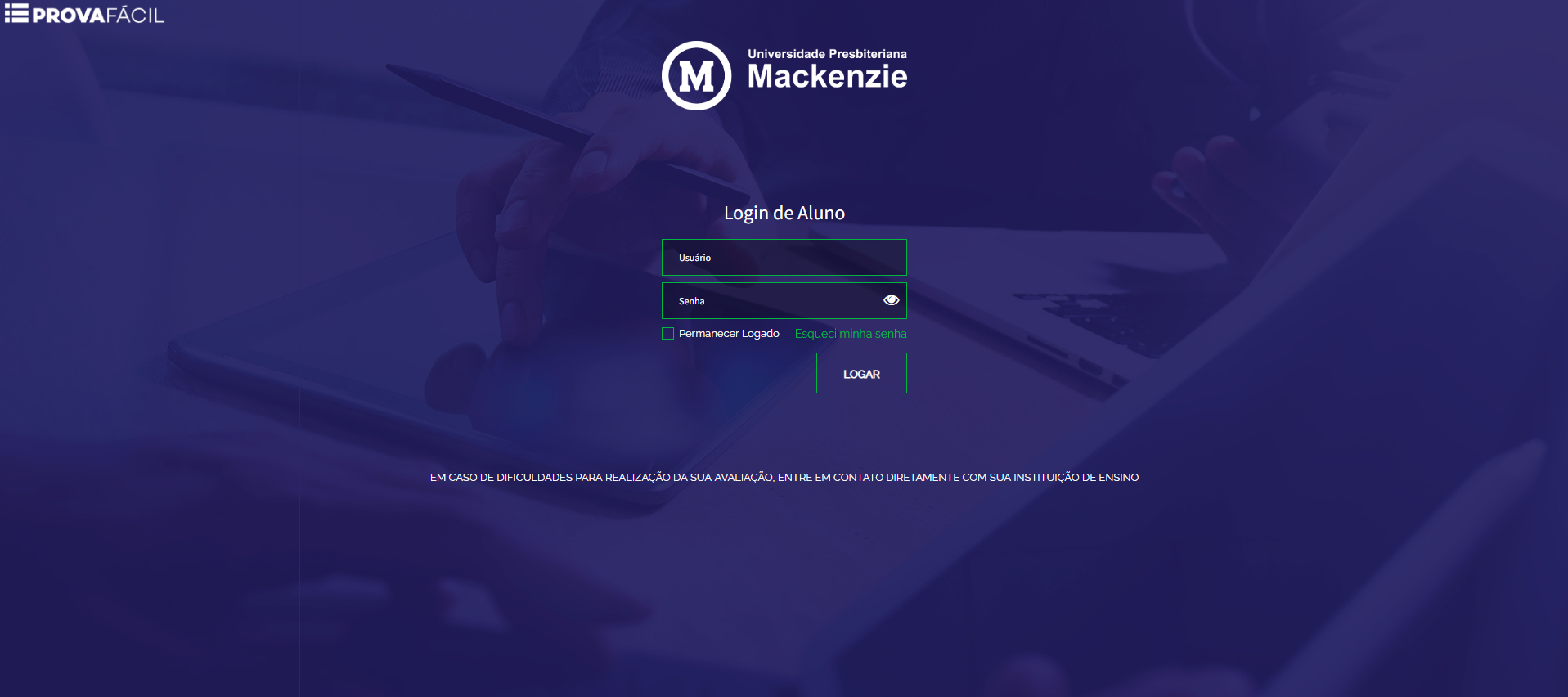 Tela de acesso da plataforma de avalia&ccedil;&otilde;es Mackenzie
